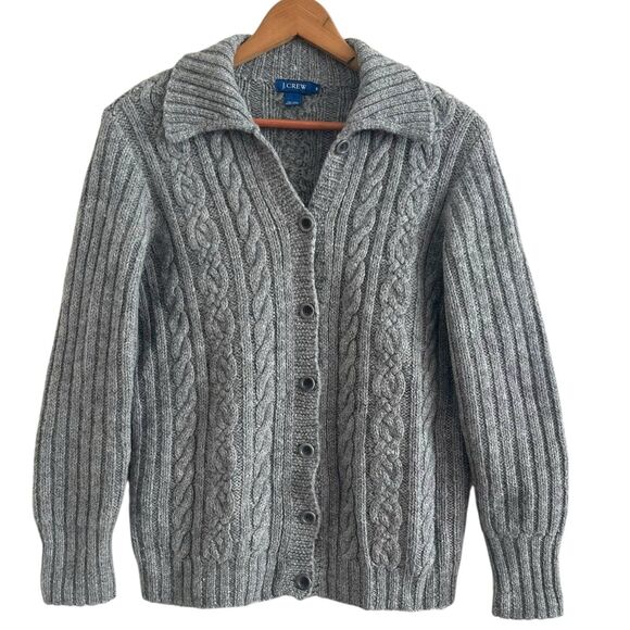 Vtg J Crew Wool Cable Knit Cardigan S M Gray Chunky Fisherman Cabincore Preppy - Picture 1 of 9